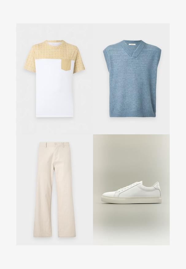 Un gilet sans manches bleu clair avec un col en V et un ourlet et un col côtelés sur fond blanc.; T-shirt blanc à manches courtes avec un motif géométrique jaune sur le haut et les manches, avec une poche poitrine jaune unie sur le côté gauche.; Pantalons larges beiges en tissu léger, dotés d'une fermeture à bouton et de poches avant, avec une finition lisse et sans texture.; Baskets blanches basses à lacets sur l’avant et semelle épaisse, vues de côté sur un fond neutre.