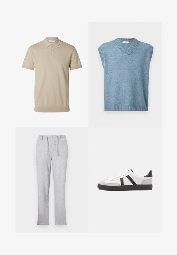 Hellblauer ärmelloser Pullover mit V-Ausschnitt und geripptem Saum sowie Kragen auf einem schlichten weißen Hintergrund.; Beiges kurzärmeliges Poloshirt mit Kragen und drei Knöpfen, gerippte Bündchen an Ärmeln und Saum, einfarbiger Strickstoff.; Hellgraue Hose aus strukturiertem Stoff, mit Knopfverschluss, Gürtelschlaufen und geradem Bein-Design. Keine sichtbaren Muster.; Weiße Sneaker mit schwarz- und grau-aczenten, ausgestattet mit einer strukturierten grauen Zehenkappe, schwarzer Gummi-Sohle und flachen weißen Schnürsenkeln. Sauberes Design, minimalistische Stil.