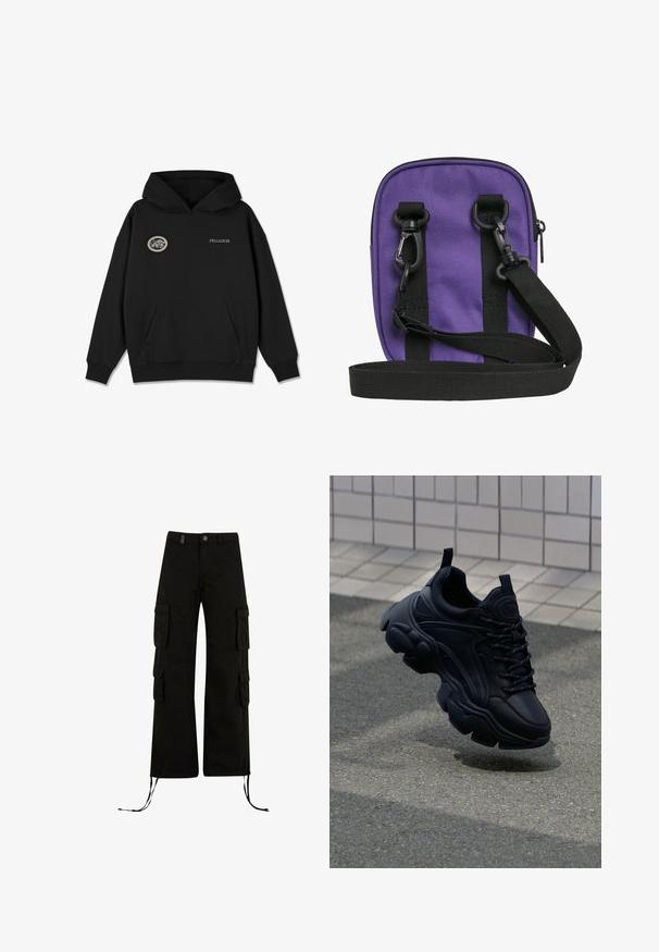 Schwarzer Pullover-Hoodie mit großer Fronttasche, gerippten Ärmelabschlüssen und Saum, mit einem kreisförmigen Logo auf der Brust und dem Aufdruck "PEGADOR" auf der Vorderseite.; Schwarze Cargo-Hosen mit einer lockeren Passform, ausgestattet mit Cargo-Taschen an den Seiten, Kordelzügen am Saum und einem Knopfverschluss an der Taille.; Schwarze Leder-Sneaker mit einem klobigen Design, ausgestattet mit einer dicken Sohle, strukturierten Einsätzen und schwarzen Schnürsenkeln. Schwebt über einem grauen Gehweg.; Kleine violette Umhängetasche mit schwarzem verstellbarem Riemen und zwei schwarzen Clip-Befestigungen vorne vor weißem Hintergrund.