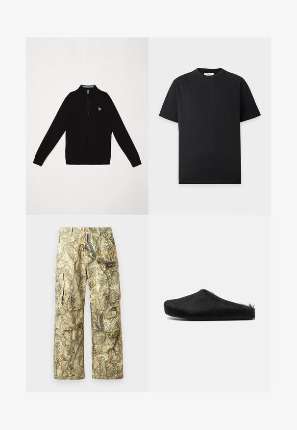 Sort pullover med en mock neck, der har en delvis lynlås. Inkluderer en farverig stripet detalje på kraven og et lille logo på brystet.; Simpel sort T-shirt med korte ærmer og rund hals, lagt fladt på en lys grå baggrund med en lille hvid etiket inde i kraven.; Camouflage cargobukser i jordfarver med et mønster af blade og træer. Har flere lommer og en afslappet, løs pasform. Holdbart stof.; Marni Slip-on sandaler - black