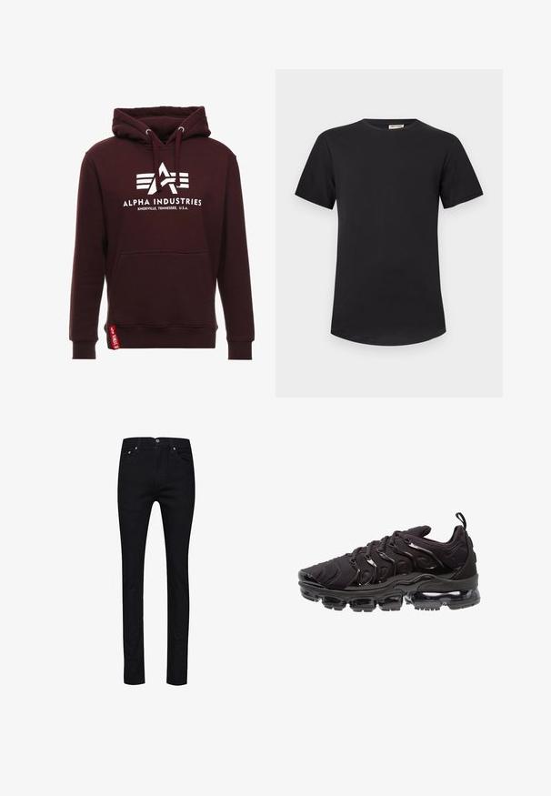 Bordeaux hættetrøje med centralt hvidt logo, snor i hætten, lomme foran og rød mærkeaccent ved sidesømmen; lavet af blødt stof.; Sort T-shirt med korte ærmer og rund hals, lige søm og lille mærkeindlæg indvendigt i kraven.; Sorte jeans lavet af denim med en lige pasform, fem lommer, metal knapper og en enkelt baglomme med syningsdetaljer.; Sorte atletiksko med et tekstureret stofoverdel, metalliske detaljer og en markant luftfyldt sål. Har distinkte bølge-lignende designelementer.