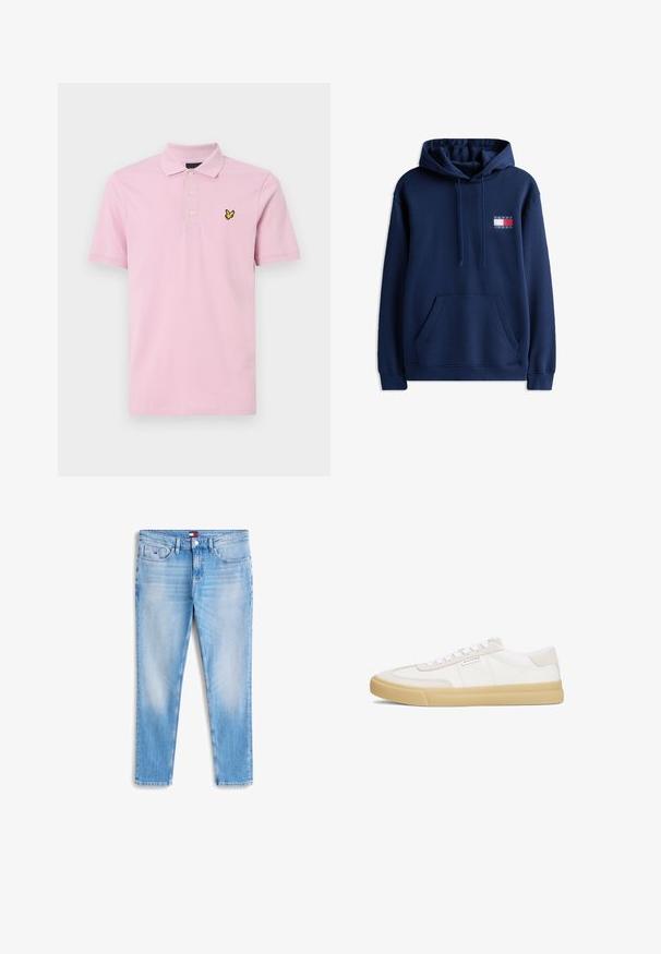 Mørkeblå hoodie med en frontkangaroo lomme, justerbar snørehætte og et lille logo-patch med rød, hvid og blå farver.; Lyserød polo t-shirt lavet af bomuld, med en klassisk krave, tre knapper og et gult broderet logo på venstre bryst.; Lys blå denimjeans med en lige pasform, der har frontlommer, bæltestropper og et lille logo-tag på taljen. Fadede mønsterdetaljer.; Hvide sneakers lavet af læder og ruskind, med snørestropper, en tan gummisål og et lille logo på siden.