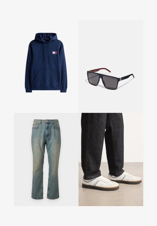 Mørkeblå hoodie med en frontkangaroo lomme, justerbar snørehætte og et lille logo-patch med rød, hvid og blå farver.; Falmede blå denimjeans med lige ben, fem lommer og knaplukning. Har subtile lettere vaske detaljer.; Hvide og lysegrå sneakers med en tekstureret ruskind- og læderoverdel, brun gummisål og marineblå accentstribe. Båret med mørke jeans.; Tommy Hilfiger Solbriller - matte blue