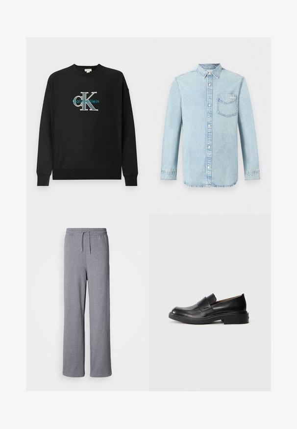 Sort sweatshirt lavet af bomuld med rund hals, lange ærmer og et grafisk logo "CK" i hvid og teal på brystet.; Lyseblå denim-skjorte med lange ærmer, knaplukning foran, enkelt brystlomme med Calvin Klein-logo og spids krave.; Grå, brede sweatpants lavet af blødt materiale; har en elastisk talje med snøre og ingen lommer. Enkelt, udekoreret design.; Sorte læder slip-on dress sko med lav hæl og subtil Calvin Klein logo på siden, vist i profil på en hvid baggrund.