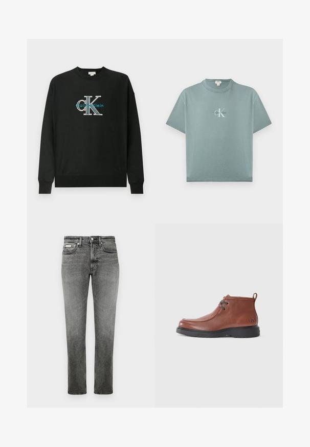 Sort sweatshirt lavet af bomuld med rund hals, lange ærmer og et grafisk logo "CK" i hvid og teal på brystet.; Lyseblågrøn kortærmet T-shirt med rund hals og centreret Calvin Klein-logo i hvid og sort tekst på forsiden.; Grå denim jeans med lige ben, foran lommer, bæltestropper, knaplukning og diskrete slidte detaljer.; Brune læder ankelstøvler med en rund tå, snøredetaljer og en sort gummisål. Bemærkelsesværdigt logo på hælen og syningens accenter.