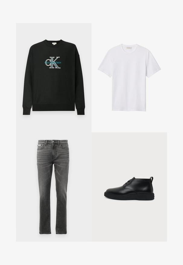 Sweat-shirt noir en coton, avec un col rond, des manches longues, et un logo graphique "CK" en blanc et bleu sarcelle sur la poitrine.; T-shirt blanc uni à manches courtes avec col rond, doté d'un petit logo embossé sur la poitrine gauche et d'une étiquette de marque à l'intérieur du col.; Jean en denim gris foncé avec une coupe droite, design à cinq poches, motifs de dégradé subtils et accents en métal au niveau de la taille.; Chaussure montante en cuir noir à lacets avec semelle épaisse en caoutchouc et languette au talon, vue de profil sur fond uni.