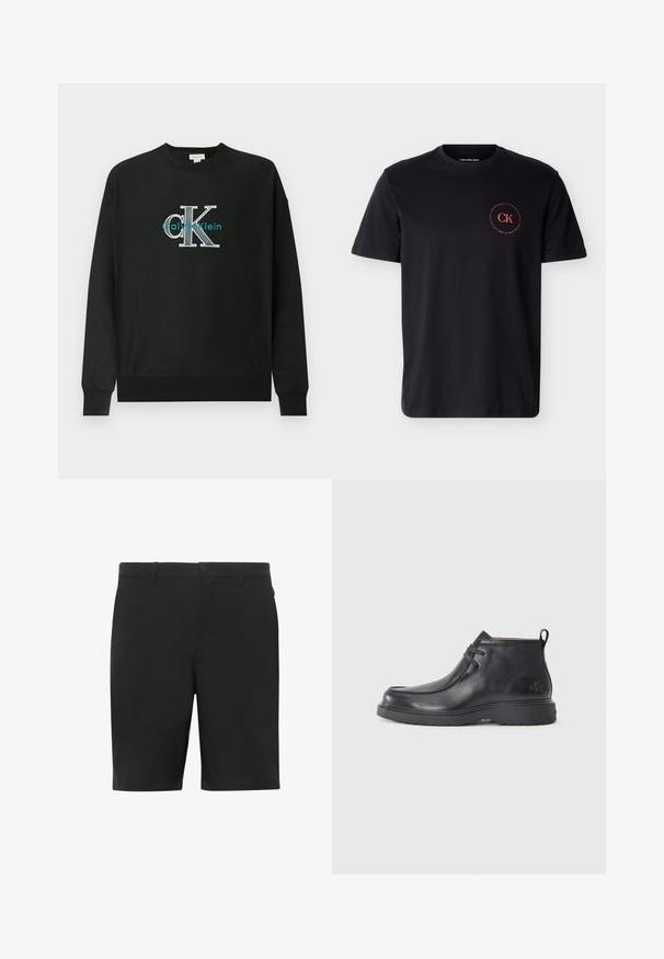 Sweat-shirt noir en coton, avec un col rond, des manches longues, et un logo graphique "CK" en blanc et bleu sarcelle sur la poitrine.; T-shirt noir à manches courtes avec col rond, petit logo circulaire rouge "CK Calvin Klein" sur le côté gauche de la poitrine.; Shorts noirs en tissu léger, dotés d'un devant plat, d'une ceinture standard et de poches latérales. Texture lisse sans motifs apparents.; Bottes noires en cuir à talon arrondi, avec un design à lacets et une languette à l'arrière. Tige texturée et semelle en caoutchouc.