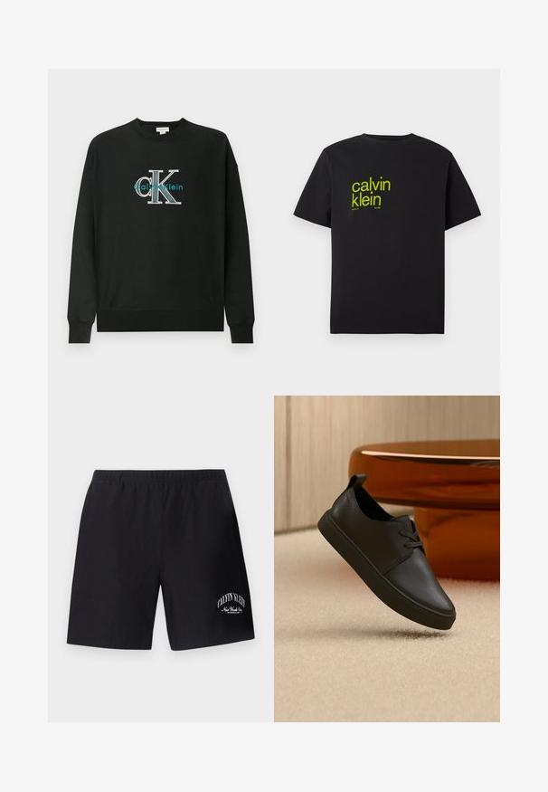 Sweat-shirt noir en coton, avec un col rond, des manches longues, et un logo graphique "CK" en blanc et bleu sarcelle sur la poitrine.; T-shirt en coton noir avec un texte jaune portant les mots "calvin klein" et "new york city since 1968" dans une police moderne et audacieuse. Manches courtes.; Shorts à taille élastique noire avec logo blanc « Calvin Klein New York City » sur la partie inférieure de la jambe droite.; Baskets décontractées en cuir noir avec lacets, flottant au-dessus d'un tapis beige, avec une table en verre ambré arrondie en arrière-plan.