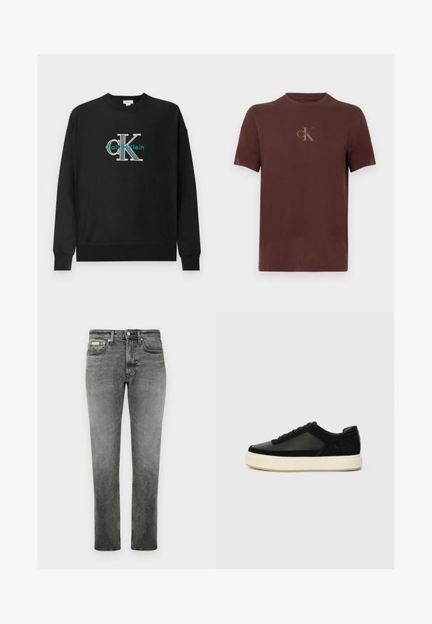 Sort sweatshirt lavet af bomuld med rund hals, lange ærmer og et grafisk logo "CK" i hvid og teal på brystet.; Brun bomuld t-shirt med korte ærmer, med et brystlogo i grå og rød, rund halsudskæring og en afslappet pasform.; Grå denim jeans med lige ben, foran lommer, bæltestropper, knaplukning og diskrete slidte detaljer.; Sort sneakers med en kombination af læder og ruskind, rund tå, tonale snørebånd og en kraftig hvid gummisål. Diskret logodetalje på siden.