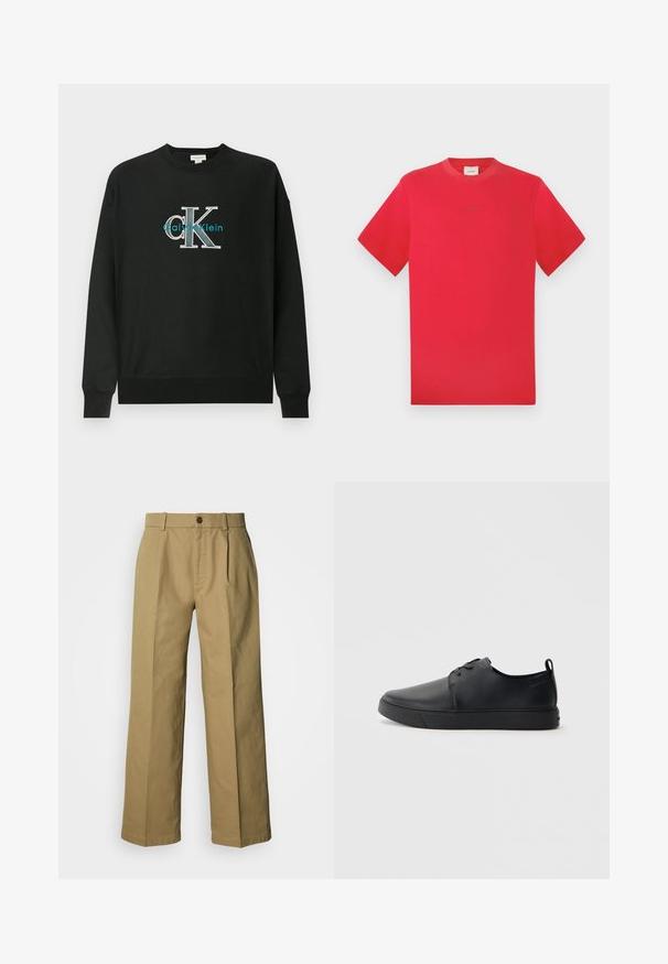 Sweat-shirt noir en coton, avec un col rond, des manches longues, et un logo graphique "CK" en blanc et bleu sarcelle sur la poitrine.; T-shirt rouge à col rond en coton. Manches courtes, couleur unie avec un logo discret au centre. Texture douce et coupe classique.; Pantalon large beige en coton, avec une fermeture à boutons, trois plis et des ourlets droits pour une coupe décontractée.; Baskets en cuir noir avec une finition lisse, bout arrondi, coutures ton sur ton, devant à lacets et semelle plate en caoutchouc. Anse au talon.