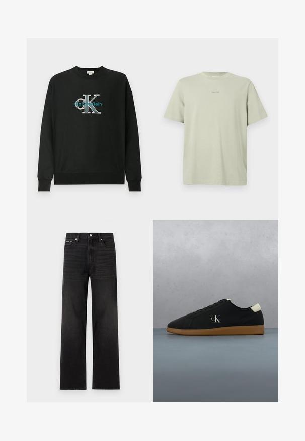 Schwarzer Sweatshirt aus Baumwolle mit Rundhalsausschnitt, langen Ärmeln und einem grafischen "CK"-Logo in Weiß und Türkis auf der Brust.; Hellgrünes Baumwoll-T-Shirt mit Rundhalsausschnitt, kurzen Ärmeln und einem kleinen Calvin Klein-Logo in einer dunkleren Farbe, das auf der Brust gedruckt ist.; Schwarze Jeans mit geraden Beinen, fünf Taschen, Gürtelschlaufen und Knopfverschluss, auf weißem Hintergrund dargestellt.; Schwarze Leinensneaker mit einer Gummisohle, featuring einem silbernen "cK"-Logo an der Seite und einem weißen Akzent an der Ferse. Niedrig geschnittenes Design.