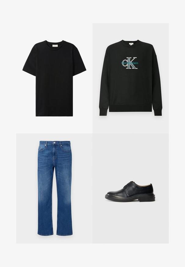 Sort sweatshirt lavet af bomuld med rund hals, lange ærmer og et grafisk logo "CK" i hvid og teal på brystet.; Sort t-shirt med korte ærmer og rund hals med subtil Calvin Klein Jeans-logo på brystet og en label indeni halsåbningen.; Blå denim jeans med lige ben, der har et klassisk fem-lomme design, metalknaplukning og subtile slidte detaljer.; Sorte læder oxford sko med rund tå, snørebånd foran og lav, stablet hæl på lys baggrund.