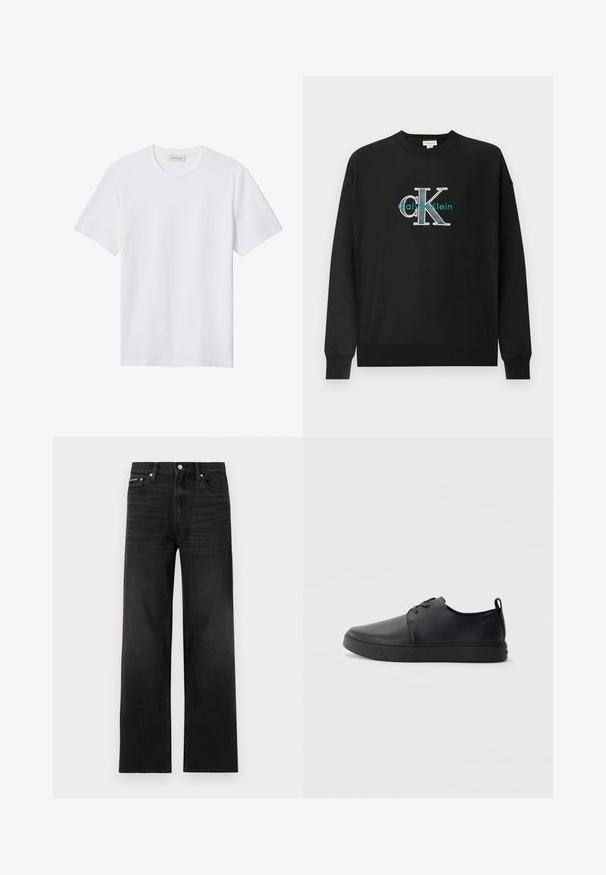 Zwarte sweatshirts gemaakt van katoen, met een ronde hals, lange mouwen en een grafisch logo "CK" in wit en teal op de borst.; Effen wit T-shirt met korte mouwen en ronde hals, met een klein reliëflogo op de linkerborst en een merklabel binnenin de kraag.; Zwarte jeans met rechte pijpen, vijf zakken, riemlussen en knoopsluiting, weergegeven op een witte achtergrond.; Zwarte leren sneaker met een gladde afwerking, ronde neus, tonale stiknaden, vetersluiting aan de voorkant en een vlakke rubberen zool. Lussje aan de hak.