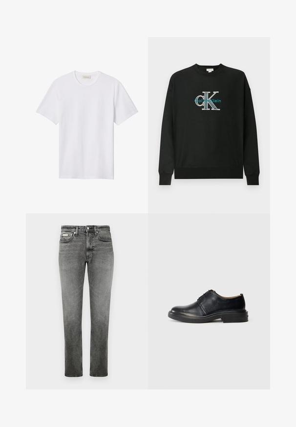 Zwarte sweatshirts gemaakt van katoen, met een ronde hals, lange mouwen en een grafisch logo "CK" in wit en teal op de borst.; Effen wit T-shirt met korte mouwen en ronde hals, met een klein reliëflogo op de linkerborst en een merklabel binnenin de kraag.; Rechtersnit grijze denim jeans met voorzakken, riemlussen, knoopsluiting en subtiele vervaagde details.; Zwarte leren oxford-schoen met ronde neus, vetersluiting aan de voorkant en een lage gestapelde hak op een effen lichte achtergrond.