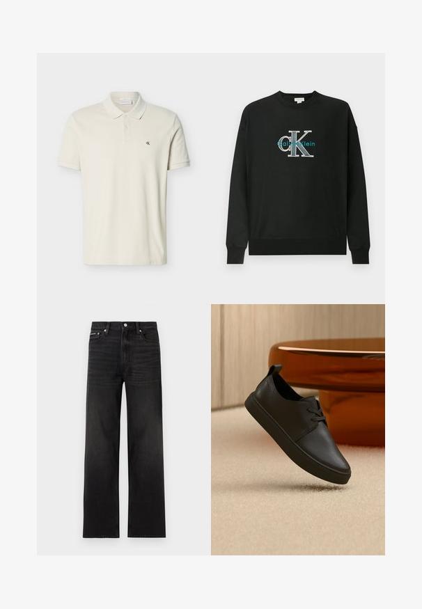 Sweat-shirt noir en coton, avec un col rond, des manches longues, et un logo graphique "CK" en blanc et bleu sarcelle sur la poitrine.; Polo à manches courtes couleur blanc cassé avec col, deux boutons sur le devant, et petit logo "cK" sur la poitrine gauche.; Jean noir droit avec cinq poches, passants pour ceinture et fermeture par bouton, présenté sur un fond blanc.; Baskets décontractées en cuir noir avec lacets, flottant au-dessus d'un tapis beige, avec une table en verre ambré arrondie en arrière-plan.