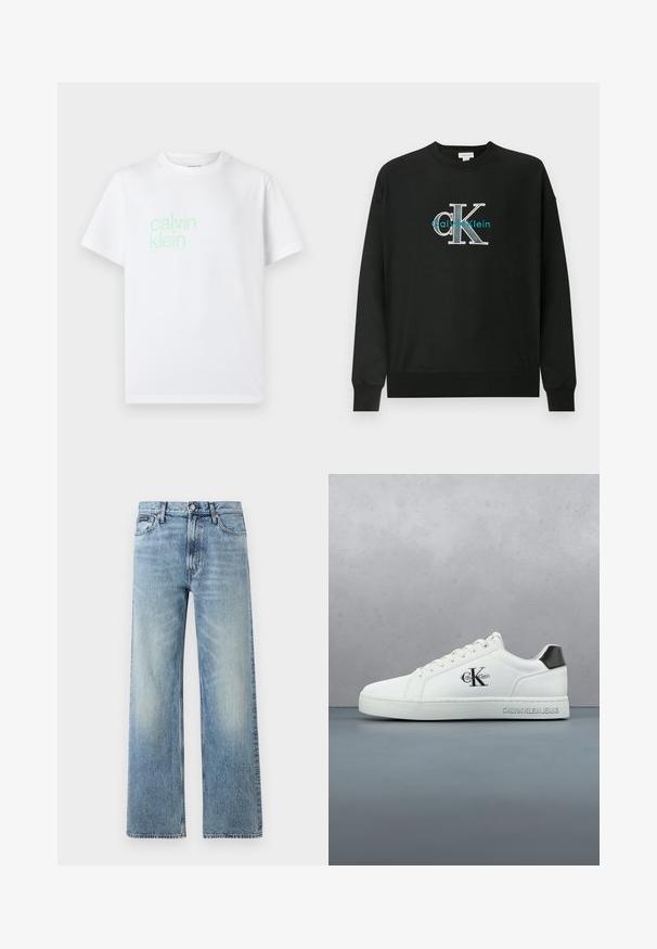 Sort sweatshirt lavet af bomuld med rund hals, lange ærmer og et grafisk logo "CK" i hvid og teal på brystet.; Hvid bomulds t-shirt med korte ærmer. Har et lysegrønt "calvin klein" logo trykt foran. Standard crew neck design.; Lyseblå denim jeans med lige ben, højt talje, fem lommer, knaplukning og diskrete falmede områder på lår og knæ.; Hvid lædersneaker med glat finish, snørelukning, rundet tå og en kontrasterende sort hælbeklædning. Gummisål giver greb.