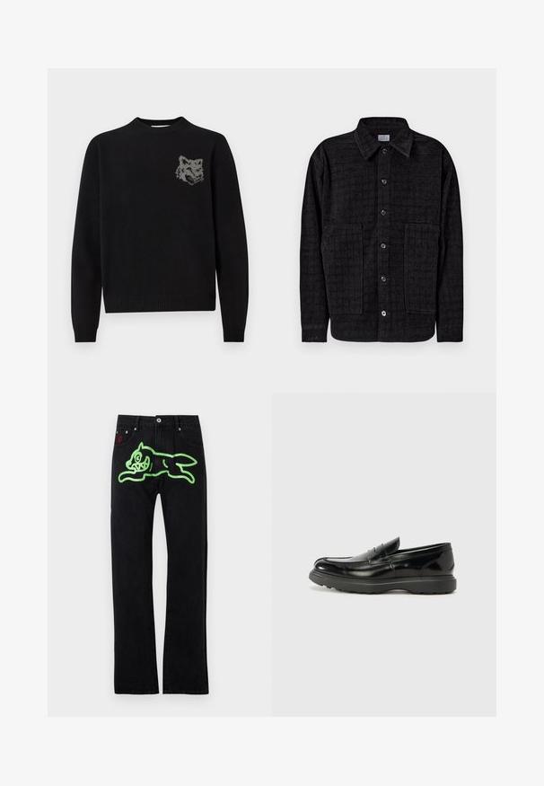 Sort sweater med rund halsudskæring, ribbede manchetter og kant, prydet med et grå ulv hovede design strikket på venstre brystområde.; Sort langærmet skjorte med knapper og to store frontlommer samt krave, vist fladt på en hvid baggrund.; Sorte jeans med lige pasform, prydet med en stor grøn grafik af en løbende tegneseriekat på bagsiden. Sølvfarvede hardware-detaljer.; Sort læderloafer med en blank finish, rund tå, subtile syninger og en tyk gummisål for holdbarhed.