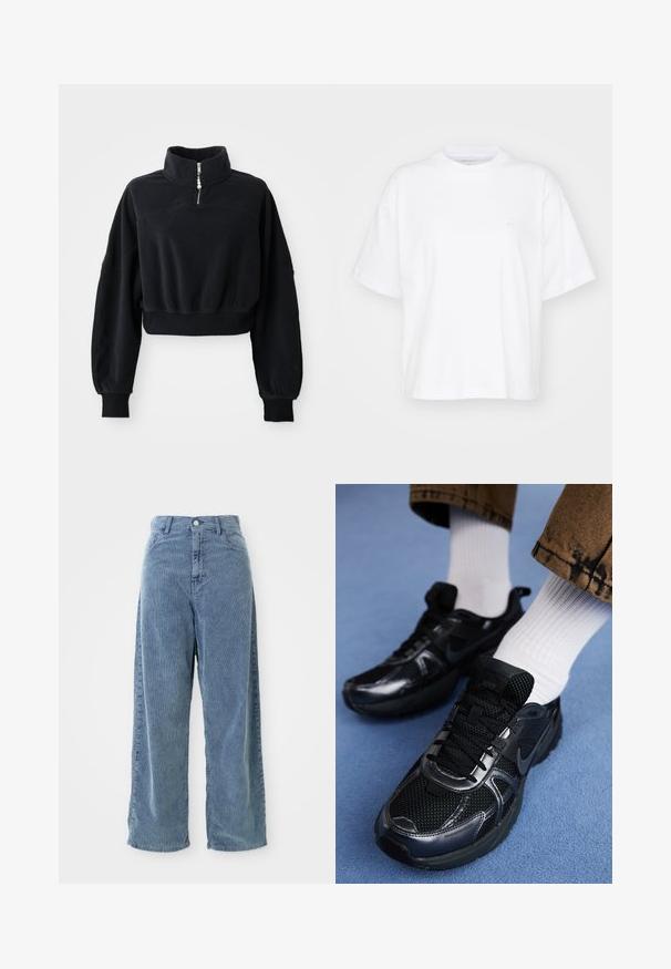 Sort cropped sweatshirt med høj krave, halvlukning og lange, let puffede ærmer. Lavet af blødt, tekstureret stof.; Hvid bomulds t-shirt med rund hals, korte ærmer og en afslappet pasform. Har et diskret logo på venstre brystområde. Glat tekstur.; Bredde ben blå kordfløjspant med vertikal ribstruktur, der har knaplukning foran og bæltestropper samt en afslappet silhuet.; Sorte Nike-sneakers med mesh og syntetisk materiale, der har en struktureret overdel, sorte snørebånd og holdbare gummisåler. Hvide ribstrikkede sokker er synlige.