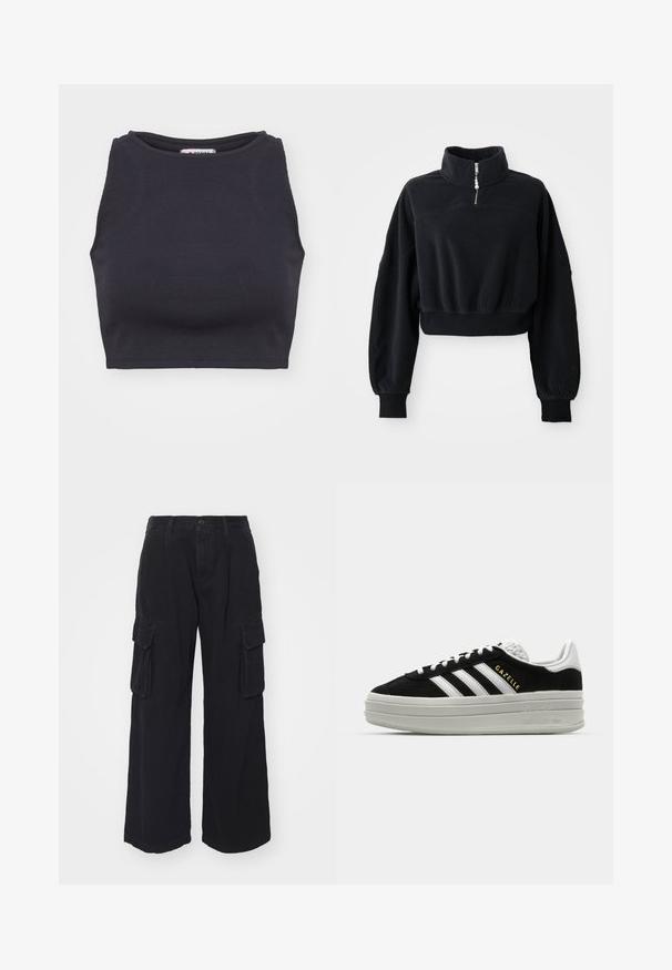 Sort cropped sweatshirt med høj krave, halvlukning og lange, let puffede ærmer. Lavet af blødt, tekstureret stof.; Sort ribbet crop top med rund halsudskæring og uden ærmer. Glat tekstur, tætsiddende form og minimalistisk stil.; Sorte cargo bukser lavet af et slidstærkt stof, med brede ben, flere sidelommer og en klassisk knaplukning i taljen.; Sort ruskind sneaker med hvide læderdetaljer, tre hvide striber, flade snørebånd og en tyk grå platformsål. Guldfarvet "Gazelle" branding.