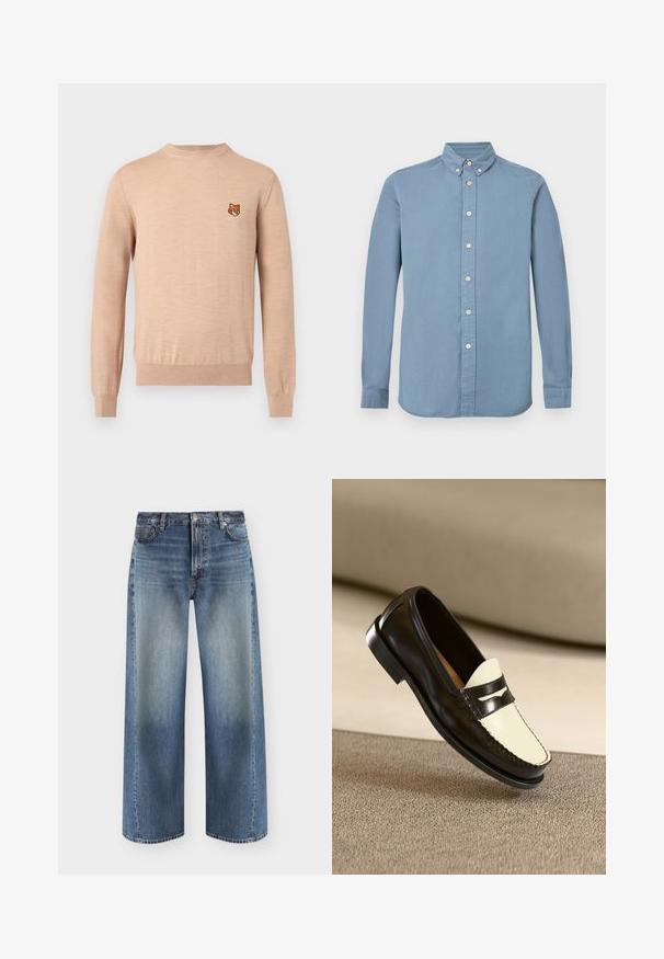 Beige langærmet crewneck sweater med ribkant ved ærmer og kant, med et lille orange rævehovedemblem på venstre bryst.; Lyseblå langærmet skjorte i bomuld med knaplukning på kraven, fuld knapstolpe og almindelige manchetter. Glat tekstur.; Blå jeans med lige ben og udvaskede forpaneler, fem-lommer stil, knaplukning og bæltestropper på hvid baggrund.; Sort læderloafer med en cremefarvet vamp og sorte accentstriber, som har en lav hæl og detaljeret syning langs kanterne.