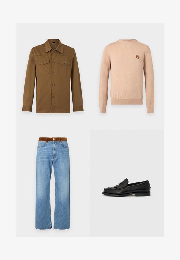 Pull beige à manches longues avec col rond, poignets et ourlet côtelés, arborant un petit emblème de tête de renard orange sur le côté gauche de la poitrine.; Chemise marron à manches longues avec col pointu et deux poches poitrine boutonnées, présentée sur fond clair uni.; Jeans en denim bleu clair avec une coupe droite, dotés d'une taille en suède marron, de poches avant et d'une fermeture éclair.; Mocassin en cuir noir avec un détail tissé à l'avant, bout arrondi et petit talon. Texture lisse et design minimaliste.