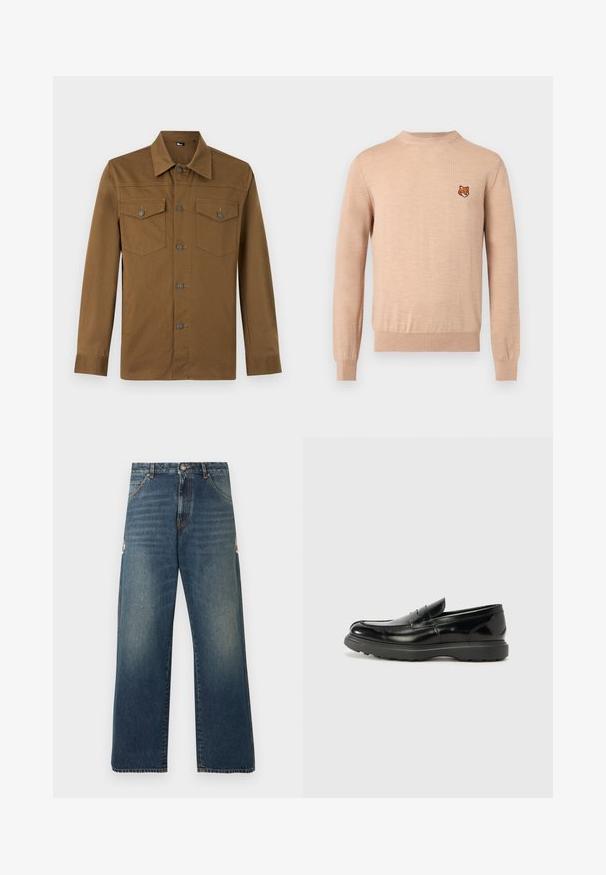 Pull beige à manches longues avec col rond, poignets et ourlet côtelés, arborant un petit emblème de tête de renard orange sur le côté gauche de la poitrine.; Chemise marron à manches longues avec col pointu et deux poches poitrine boutonnées, présentée sur fond clair uni.; Jean en denim bleu à jambes droites avec taille mi-haute, design classique à cinq poches et légère décoloration subtile sur les cuisses et les genoux.; Mocassin en cuir noir avec une finition brillante, bout arrondi, détails de couture subtils et semelle en caoutchouc épaisse pour la durabilité.