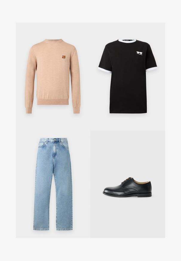 Pull beige à manches longues avec col rond, poignets et ourlet côtelés, arborant un petit emblème de tête de renard orange sur le côté gauche de la poitrine.; T-shirt noir à manches courtes avec col et bords de manches blancs, présentant un petit logo de lunettes blanches et le texte "KARL LAGERFELD" sur la poitrine.; Jean droit taille haute bleu clair avec poches avant, passants de ceinture, fermeture par bouton et coutures visibles sur un fond neutre.; Calvin Klein ESS DERBY - Derbies - triple black