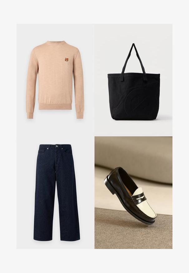 Suéter beige de manga larga con cuello redondo, puños y dobladillo acanalados, con un pequeño emblema de cabeza de zorro naranja en el pecho izquierdo.; Jeans de mezclilla anchos de color azul oscuro con cierre de botón, bolsillos delanteros y una sutil textura, con dobladillos rectos y un ajuste relajado.; Mocasines de cuero negro con un vampiro color crema y rayas de acento negras, presentando un tacón bajo y costuras detalladas a lo largo de los bordes.; Bolsa tote de lona negra con dos correas para el hombro y un diseño circular en relieve sutil en el frente.