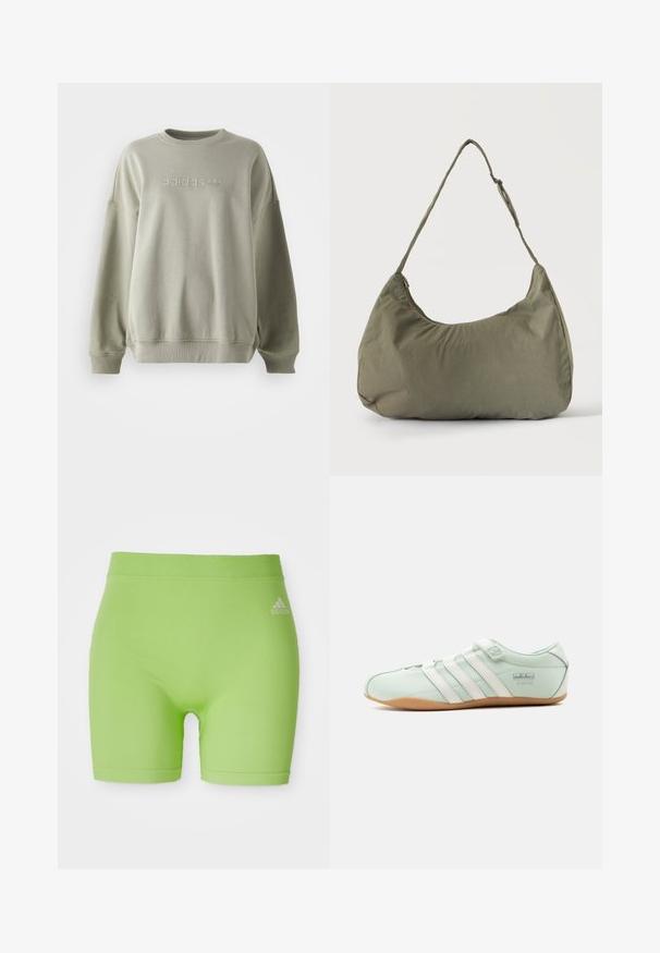 Olive roheline kapuutsiga särk, mis on valmistatud pehmest kangast, ümmarguse kaeluse, langevate õlgade ja esiosas embosseeritud valge adidas logoga.; Rohelised sportlikud lühikesed püksid, valmistatud venivast kangast, millel on keskmise kõrgusega vöökoht ja ees paremal küljel Adidas'i logo.; Hele-rohelised Adidas tossud valgete triipude, takjakinnituse ja pruuni tallaga, vaadatuna küljelt ühtlasel taustal.; Õlakott pehmest oliivrohelisest kangast, lukuga sulgemine ja reguleeritav rihm, ühtlasel heledal taustal.