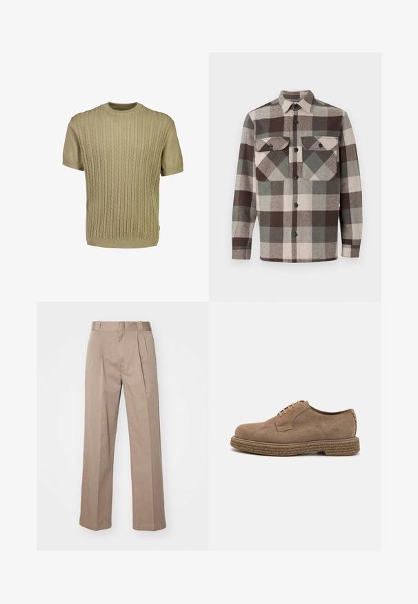 Beige kortærmet sweater med et tekstureret kabelstrikket mønster, rund halsudskæring samt ribstrikkede manchetter og kant.; Rute skjorte i brune, grønne og beige nuancer. Har krave, to brystlommer og knaplukninger foran. Tekstureret stof.; Beige, høj talje bukser med bred ben-design. Har to forreste plisseringer og en glat tekstur. Standard længde med en ren finish.; The Antipode DERBY - Snøresko - taupe