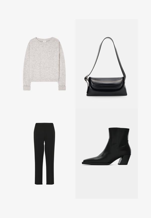 Pull gris clair en maille à manches longues avec col rond et poignets et ourlet côtelés, posé à plat sur un fond blanc.; Pantalons noirs avec une coupe droite, présentant une texture lisse, une taille ajustée et sans ornements ni motifs visibles.; Bottine en cuir noir avec un bout pointu, une silhouette élégante et un talon carré massif. Texture lisse avec des détails de couture minimalistes.; Sac à main en cuir noir avec une forme structurée, une texture lisse et une seule bandoulière. Présente un design de rabat arrondi et subtil.