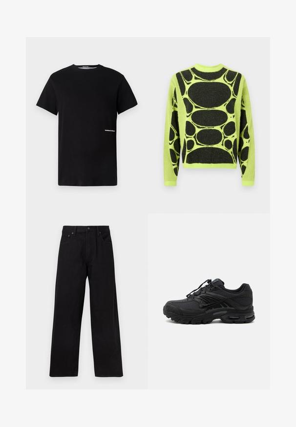 Pull jaune néon à manches longues avec un motif abstrait noir composé d'ovales et de ronds couvrant le devant et les manches.; T-shirt en coton noir avec un col rond et des manches courtes, arborant le logo "weekend offender" brodé en blanc sur le côté.; Jean noir taille haute à jambes larges, avec bouton frontal, fermeture éclair, passants pour ceinture et cinq poches, présenté sur un fond uni.; Baskets de sport noires avec tissu texturé, semelle épaisse et rembourrée, aérations et fermeture à lacets, vues de profil sur fond clair.
