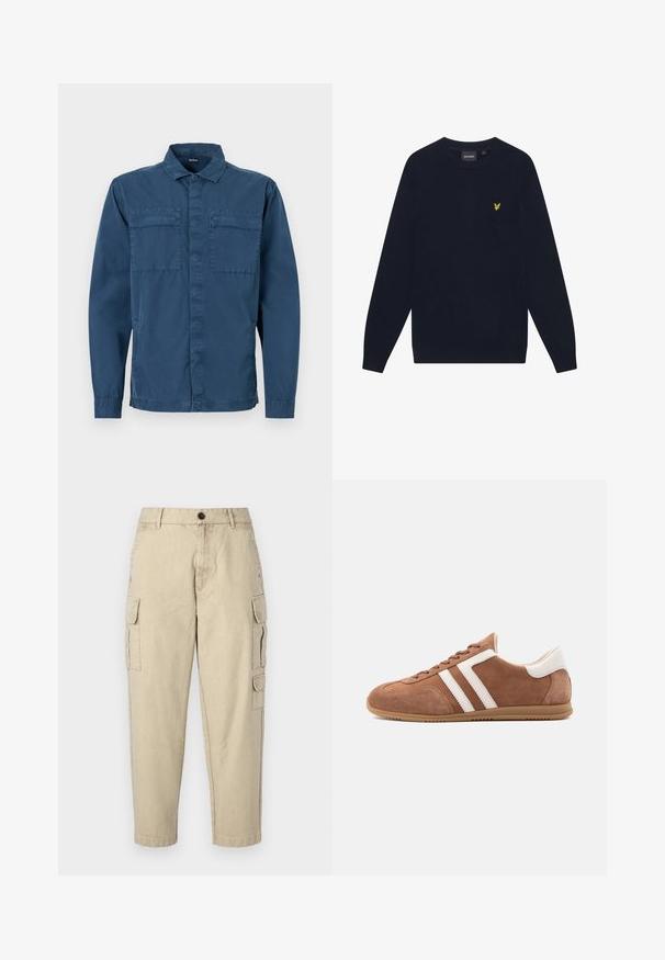 Marineblauwe lange mouwen crewneck sweater met een klein geel geborduurd adelaarslogo op de linker borst.; Marineblauwe overhemd met knopen, gemaakt van katoen, met lange mouwen, twee borstzakken en een standaard kraag. Gladde textuur met een casual ontwerp.; Beige cargobroek gemaakt van zachte stof, met zijzakken, een knoopsluiting en een tapered leg ontwerp.; Bruine suède sneaker met witte lederen strepen en hielstuk, beige rubberen zool en vetersluiting, zijaanzicht op witte achtergrond.