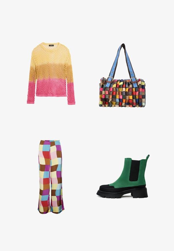 Langärmeliger Open-Knit-Pullover mit gelben, goldenen und pinken Farbverlauf, mit Rundhalsausschnitt und Desigual Markenetikett.; SOMETHINGNEW SABRINA PANTS - Stoffhose - dahlia; Grüne Wildleder-Ankle-Boots mit schwarzen elastischen Seiteneinsätzen und dicker, profiliertem Sohle. Verfügt über eine Schlaufe hinten für einfaches Anziehen.; Kleine rechteckige Handtasche mit gewebten mehrfarbigen Lederstreifen und blauen Leder-Schulterriemen mit Metallverschlüssen.