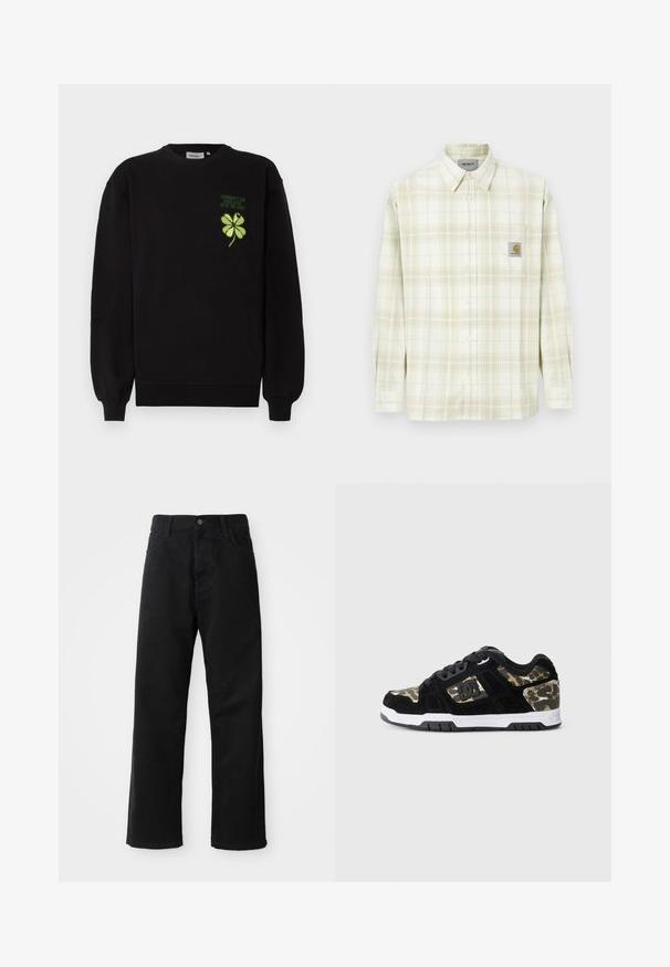Zwarte sweatshirt van zacht stof, met een groen geborduurd klaverblad met vier blaadjes en tekst op de borst. Geribbelde boorden en zoom.; Lichtgekleurde geruite blouse met lange mouwen, knoopsluiting aan de voorkant en een borstzak met een logo-patch. Katoenen materiaal met een zachte textuur.; Zwarte denim broek met een rechte pasvorm, voorzien van voorzakken, een rits en een enkele bovenste knoop. Gestructureerde stof met een matte afwerking.; Zwarte suède sneaker met een camouflagemotief aan de zijkant, witte tussenzool en zwarte rubberen zool. Bevat veters en logo-details aan de zijkant.
