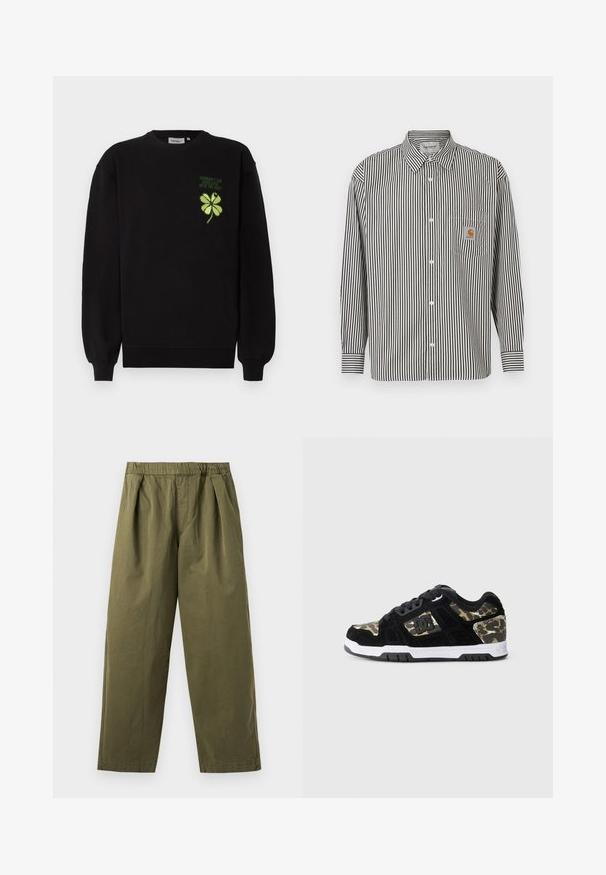 Sudadera negra confeccionada con tela suave, con un trébol de cuatro hojas bordado en verde y texto en el pecho. Puños y dobladillo acanalados.; Camisa de manga larga con rayas verticales en blanco y negro y cuello abotonado. Cuenta con un bolsillo en el pecho con un parche de logo beige.; Pantalones de pierna ancha en verde oliva con cintura elástica y pliegues delanteros, mostrados sobre un fondo claro.; Zapatilla de ante negra con patrón de camuflaje en el lateral, media suela blanca y suela exterior de goma negra. Presenta cordones y detalle del logo en el lateral.