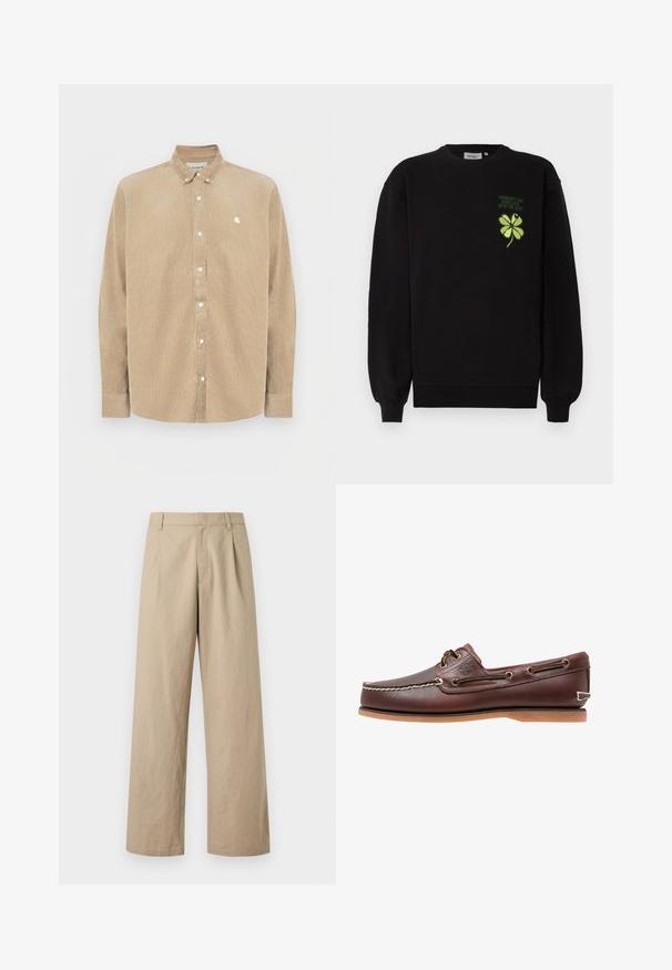 Black sweatshirt made of soft fabric, featuring a green embroidered four-leaf clover and text at the chest. Ribbed cuffs and hem.; Beige corduroy button-up shirt with a collar, white buttons, and a small logo on the left chest. Features long sleeves and a straight cut.; Beige wide-leg pants with belt loops, front zipper, and pleats, displayed on a white background.; Brown leather boat shoe with white stitching, lace details, and tan rubber sole, shown from the side on a white background.