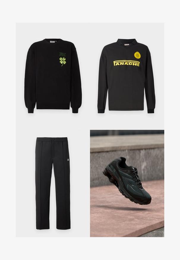 Zwarte sweatshirt van zacht stof, met een groen geborduurd klaverblad met vier blaadjes en tekst op de borst. Geribbelde boorden en zoom.; Zwarte polo met lange mouwen en V-hals, met een gele "PANACHE" opdruk en een geel embleem, met manchetmouwen.; Zwarte broek van gladde stof, met een knoopsluiting, zijzakken en een klein logo aan de voorkant. Rechte pijpen.; Zwarte atletische sneaker met zichtbare luchtgeveerde tussenzool die boven een roze stenen oppervlak zweeft met een grijze stenen muur op de achtergrond.