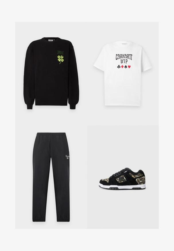 Zwarte sweatshirt van zacht stof, met een groen geborduurd klaverblad met vier blaadjes en tekst op de borst. Geribbelde boorden en zoom.; Witte T-shirt met korte mouwen en de tekst "CARHARTT WIP" met vier symbolen van speelkaarten (klaver, ruit, schoppen, harten) gecentreerd op de borst.; Zwarte taps toelopende trainingsbroek met elastische tailleband en boorden, zijzakken en witte scriptlogo op de rechterdij.; Zwarte suède sneaker met een camouflagemotief aan de zijkant, witte tussenzool en zwarte rubberen zool. Bevat veters en logo-details aan de zijkant.