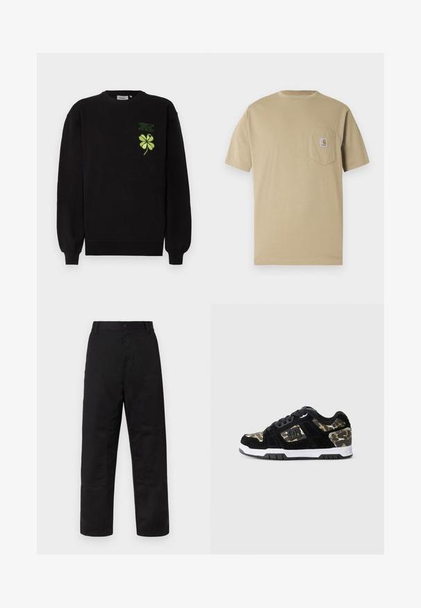Sudadera negra confeccionada con tela suave, con un trébol de cuatro hojas bordado en verde y texto en el pecho. Puños y dobladillo acanalados.; Camiseta beige de manga corta hecha de algodón, con un bolsillo en el pecho izquierdo con un parche de logo. Cuello redondo clásico con un ajuste regular.; Pantalones negros de tela resistente, con un ajuste relajado, perneras anchas, bolsillos frontales y detalles reforzados en las rodillas.; Zapatilla de ante negra con patrón de camuflaje en el lateral, media suela blanca y suela exterior de goma negra. Presenta cordones y detalle del logo en el lateral.
