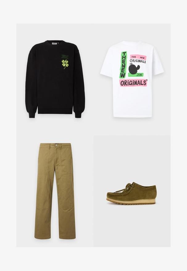 Schwarzer Pullover aus weichem Stoff mit grün gesticktem vierblättrigen Kleeblatt und Text auf der Brust. Gerippte Bündchen und Saum.; Weißes T-Shirt mit kurzen Ärmeln, versehen mit bunten, grafischen Textblöcken, die "THE NEW ORIGINALS 2016" zeigen, und einer schwarzen abstrakten Form in der Mitte.; Khakihose mit geradem Bein, sichtbaren Nahtdetails, Gürtelschlaufen, vorderer Knopfverschluss und aufgesetzten Kniepaneelen.; Olivgrüner Wildlederschuh mit runder Zehenpartie, Schnürdesign und einer niedrigen, strukturierten Gummisohle. Minimale Nähte entlang des Randes.