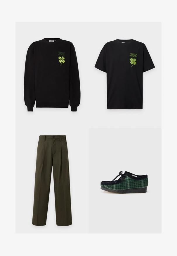 Schwarzer Pullover aus weichem Stoff mit grün gesticktem vierblättrigen Kleeblatt und Text auf der Brust. Gerippte Bündchen und Saum.; Schwarzes Baumwoll-T-Shirt mit einem grünen vierblättrigen Kleeblatt-Design und dem Text "VIEL GLÜCK FÜR DEN REST" auf der linken Brustseite.; Olivgrüne weit geschnittene Hosen aus Baumwolle mit glatter Textur, ausgestattet mit einer Fronttasche, Gürtelschlaufen und einem einzigen Knopfverschluss.; Grüne und schwarze gemusterte Schuhe mit einem Obermaterial aus Wildleder, runder Zehenform, Schnürsenkeln und einer strukturierten Gummisohle.