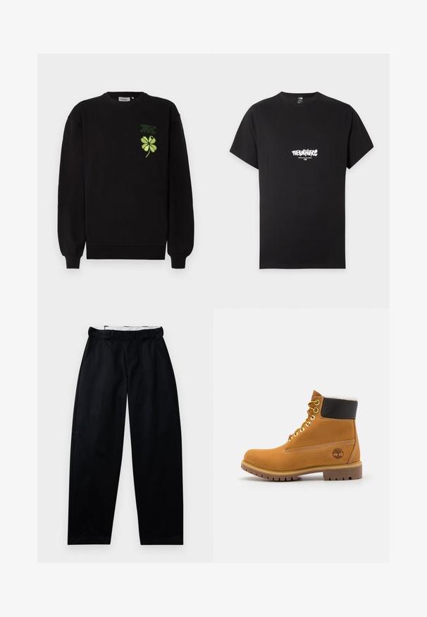 Sort sweatshirt af blødt stof med et grønt broderet firekløver og tekst på brystet. Ribstrikkede ærmegab og kant.; Sort T-shirt med korte ærmer med hvidt "The North Face" logo og "Never Stop Exploring" tekst centreret på brystet.; Sorte bukser med en glat tekstur, brede ben og en talje med bælteløkker. Designet med sidelommer og en clean finish.; Brune læder ankelstøvle med metaløjer, hvid pelsforing, sort polstret krave, robust sål og præget logo på siden.