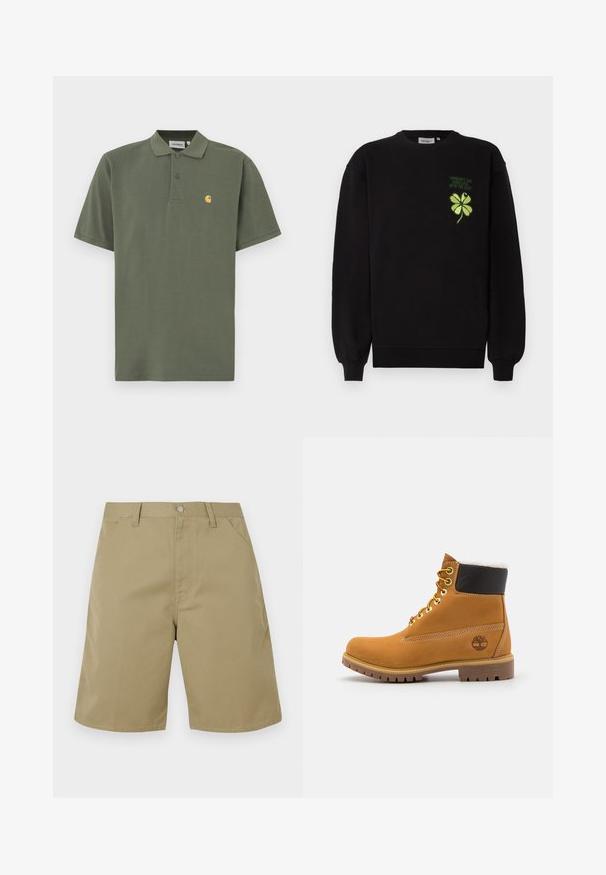 Sweat-shirt noir en tissu doux, avec un trèfle à quatre feuilles vert brodé et un texte sur la poitrine. Poignets et ourlet côtelés.; Polo vert olive en coton, avec un col à revers, deux boutons et un petit logo jaune sur le côté gauche de la poitrine. Manches courtes.; Shorts beige en tissu à texture lisse, avec un devant plat, des passants pour ceinture et des poches latérales ; coupe droite pour les jambes.; Bottine en cuir brun avec œillets en métal, doublure en fourrure blanche, col rembourré noir, semelle robuste et logo en relief sur le côté.