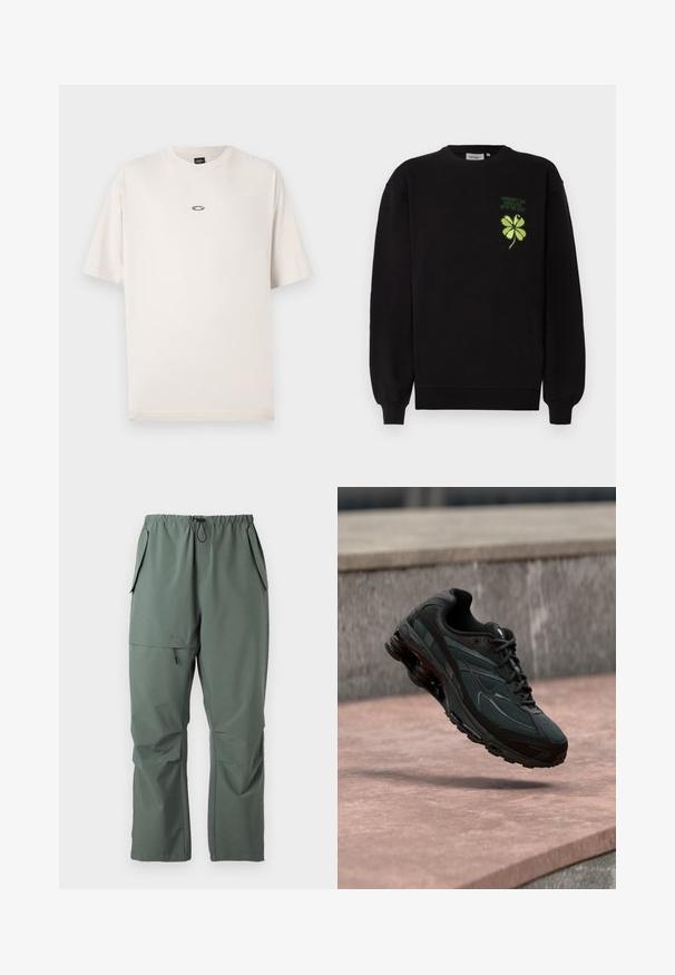 Schwarzer Pullover aus weichem Stoff mit grün gesticktem vierblättrigen Kleeblatt und Text auf der Brust. Gerippte Bündchen und Saum.; Oakley RISE TEE - T-Shirt basic - mist; Grüne, leichte Hosen mit elastischem Bund, Kordelzug und mehreren Taschen. Glatte Textur mit einer lässigen, lockeren Passform.; Schwarzer athletischer Sneaker mit sichtbarer Air-Cushioning-Zwischensohle, der über einer rosa Steinoberfläche mit grauer Steinmauer im Hintergrund schwebt.