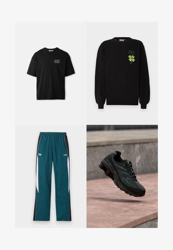 Schwarzer Pullover aus weichem Stoff mit grün gesticktem vierblättrigen Kleeblatt und Text auf der Brust. Gerippte Bündchen und Saum.; Schwarzes Kurzarm- Baumwoll-T-Shirt mit Rundhalsausschnitt und einem weißen Logo "XTC VERTERE" auf der linken Brustseite. Glatte Textur.; Türkisfarbene Jogginghosen mit schwarzen und weißen Seitenstreifen, elastischem Bund sowie kleinen "moto"- und "bareen"-Logos auf den oberen Oberschenkeln.; Schwarzer athletischer Sneaker mit sichtbarer Air-Cushioning-Zwischensohle, der über einer rosa Steinoberfläche mit grauer Steinmauer im Hintergrund schwebt.