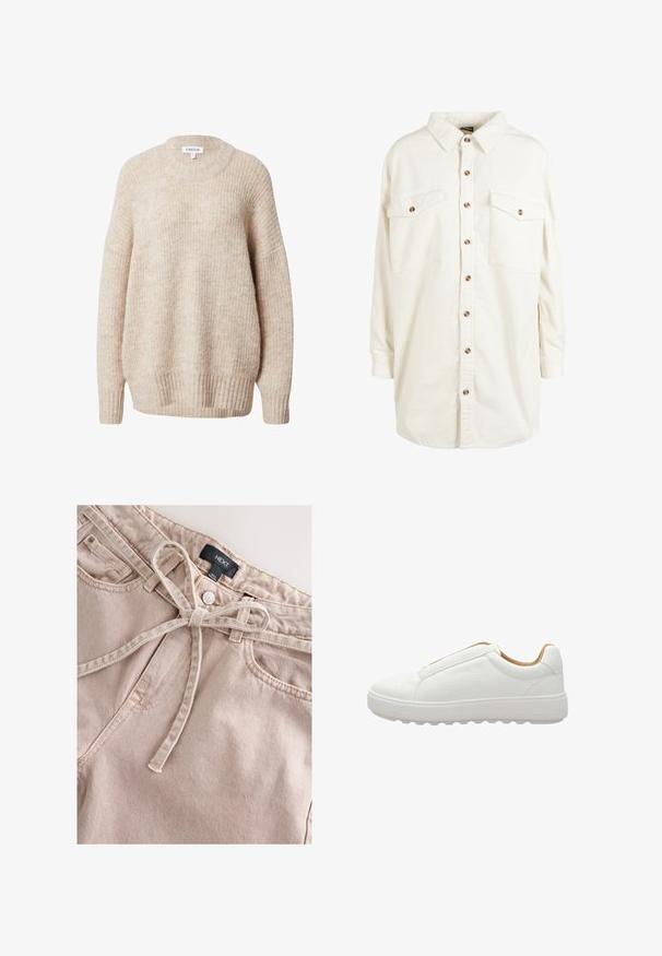 Pull en tricot beige avec un col rond, des épaules tombantes et des poignets et un ourlet côtelés. Il offre une coupe légèrement ample et texturée.; Chemise en velours côtelé couleur crème à manches longues avec col, boutons marron sur le devant et deux poches poitrine avec boutons.; Pantalon en denim rose clair avec une ceinture à nouer, doté d'un bouton à l'avant, de passants pour ceinture et de deux poches avant, présentant un tissu texturé.; Baskets basses blanches avec dessus en cuir texturé, semelle épaisse et design sans lacets, vues de profil sur fond blanc.
