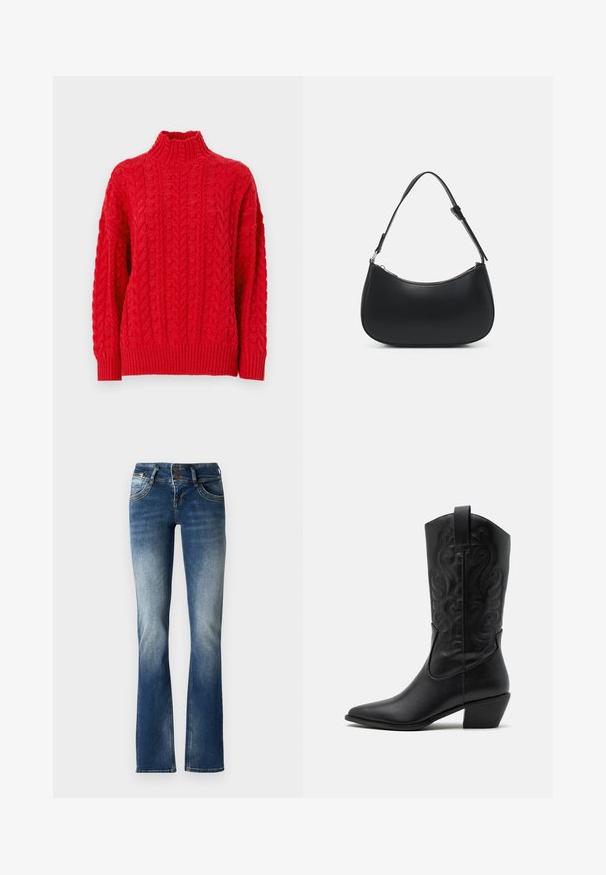 Vero Moda VMMIRAND LONG VIP - Trui - salsa; Blauwe spijkerbroek met uitlopende pijpen, voorzien van een licht vervaagde wassing, sluiting met twee knopen en decoratieve stiksels op de voorzakken.; Zwarte leren cowboylaars met een spitse neus, gegraveerde draaiende patronen en een halfhoge hak. Voorzien van een trekhaak voor gemakkelijk aan- en uittrekken.; Pieces PCALUANA SHOULDER BAG - Handtas - black