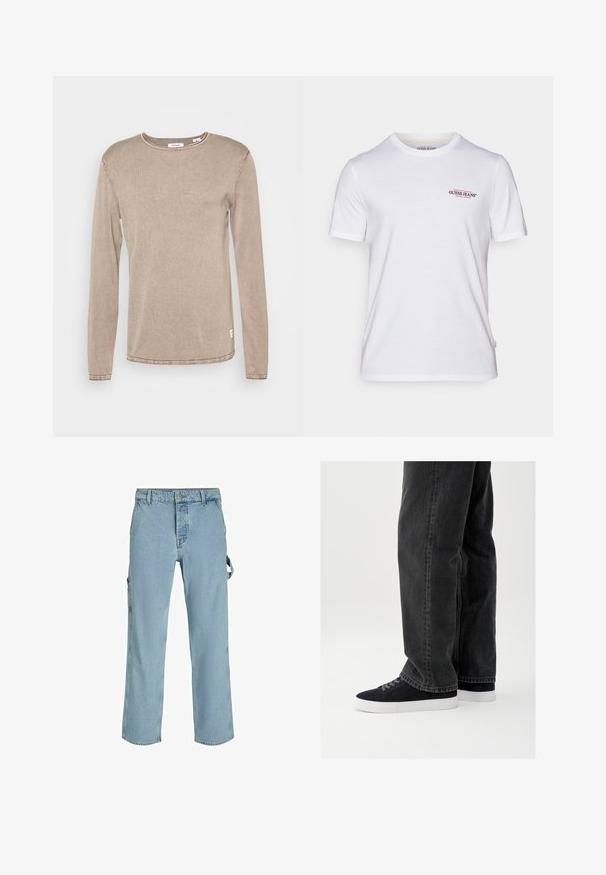 Camisa de manga larga beige de tela suave, con un escote redondo, corte recto y una pequeña etiqueta de logo en la parte inferior derecha.; Camiseta de algodón blanca con escote redondo, mangas cortas y un pequeño logo "GUESS JEANS" en rojo y azul en el lado izquierdo del pecho.; Pantalones cargo de mezclilla azul claro con un corte relajado, que cuentan con lazos de sujeción laterales y bolsillos frontales, mostrando una textura desgastada.; Jeans de mezclilla negra con un corte holgado, combinados con zapatillas de ante azul marino que tienen suelas de goma blancas y cordones negros. Diseño simple y moderno.