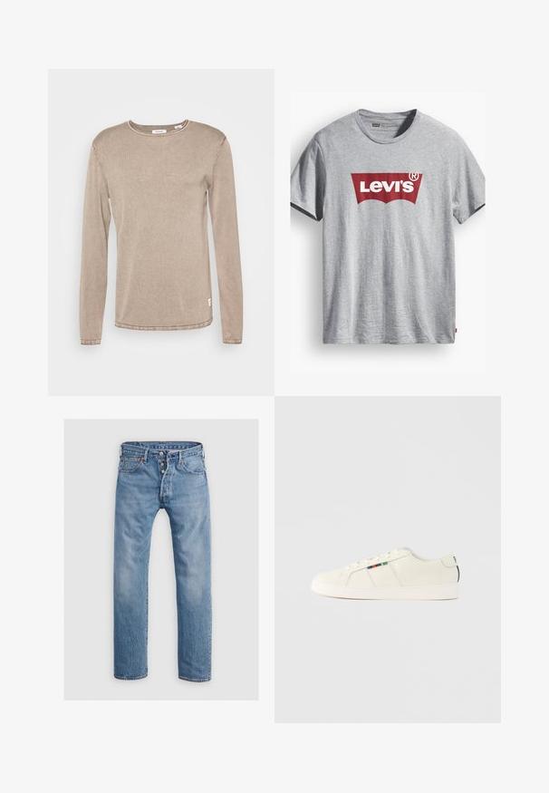 Beige blouse met lange mouwen in zachte stof, met een ronde hals, rechte snit en een klein logo-label rechts onderaan.; Grijze katoenen t-shirt met een rood Levi's-logo in een gebogen ontwerp. Korte mouwen, ronde hals en een etiket aan de onderlinkerkant.; Lichtblauwe denim jeans met een recht gesneden ontwerp, vijf zakken en een knoopsluiting. Voorzien van subtiele vervaging en stikselaccenten.; Lichtbeige sneakers met een gladde textuur, vetersluiting en een kleurrijk gestreept accent aan de zijkant. Witte rubberen zool. Effen achterkant.